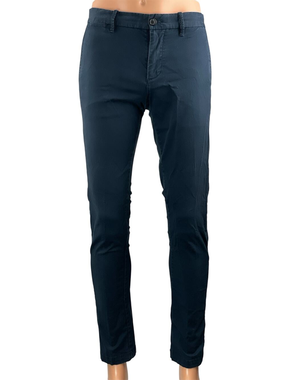 Penguin Men's Navy Blue Mid Rise Slim Fit Tapered Stretch Trousers Pants 29x32